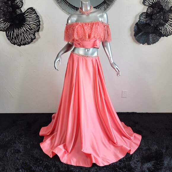 NWT~$495~2CUTE~6/8~CORAL 2 PIECE CROP TOP RHINESTONE BEADED MAXI PROM DRESS - Picture 5 of 16